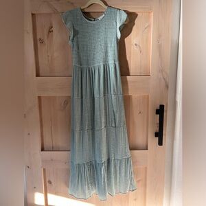 By the River Light Sage Aqua Smocked Tiered Romantic Ruffle Maxi Dress Medium.